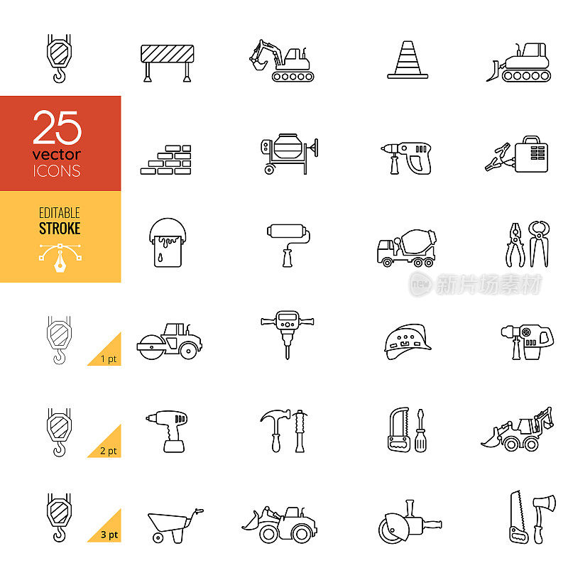 Construction and tools line icons. Editable stroke.